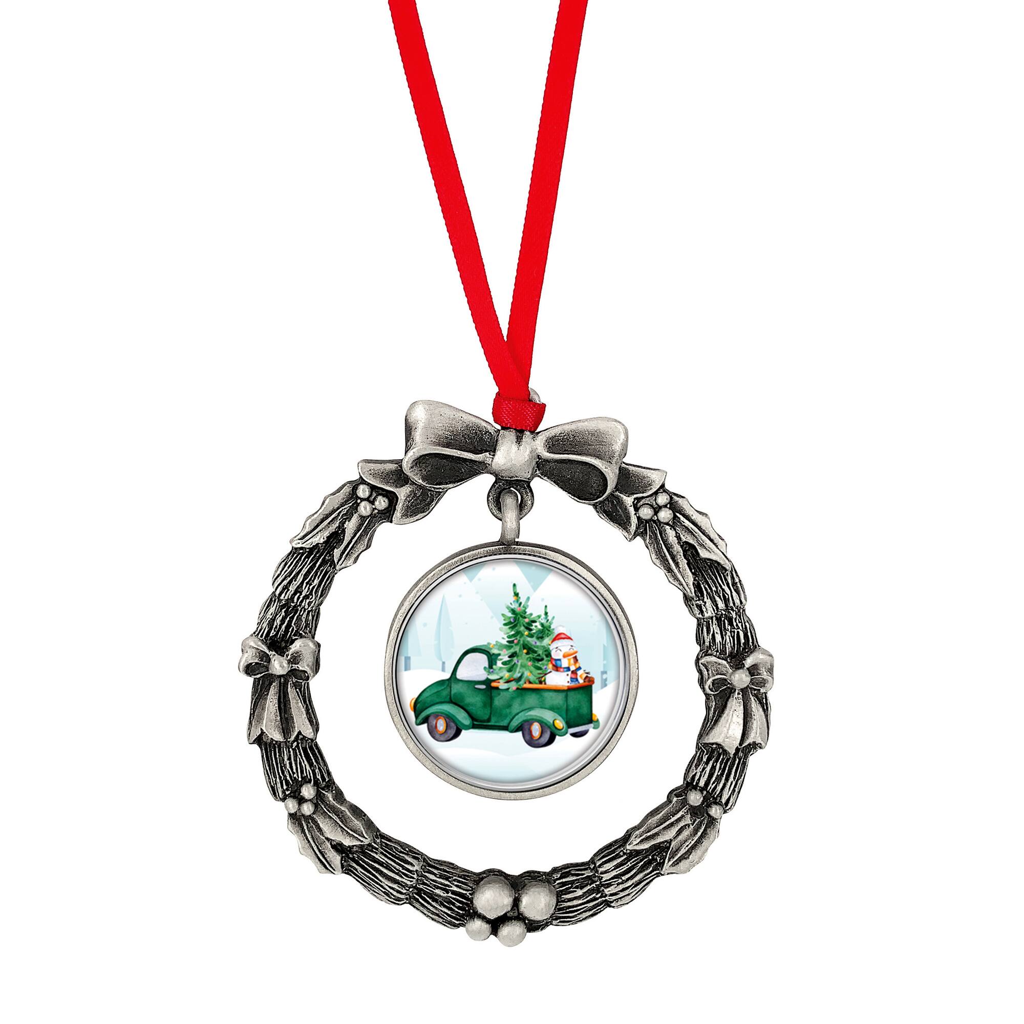 Wreath Ornament With Colorized Quarter Green Vintage Christmas Truck Coin
